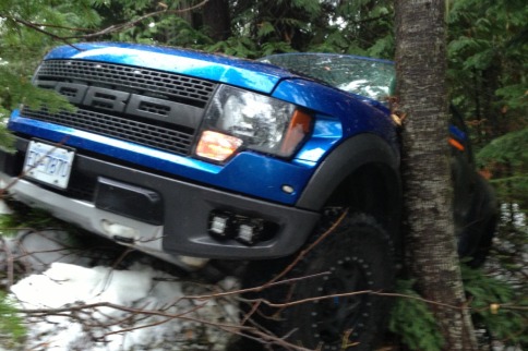 Built Ford Tough: Raptor Slides Off Icy Road And Takes A Tumble